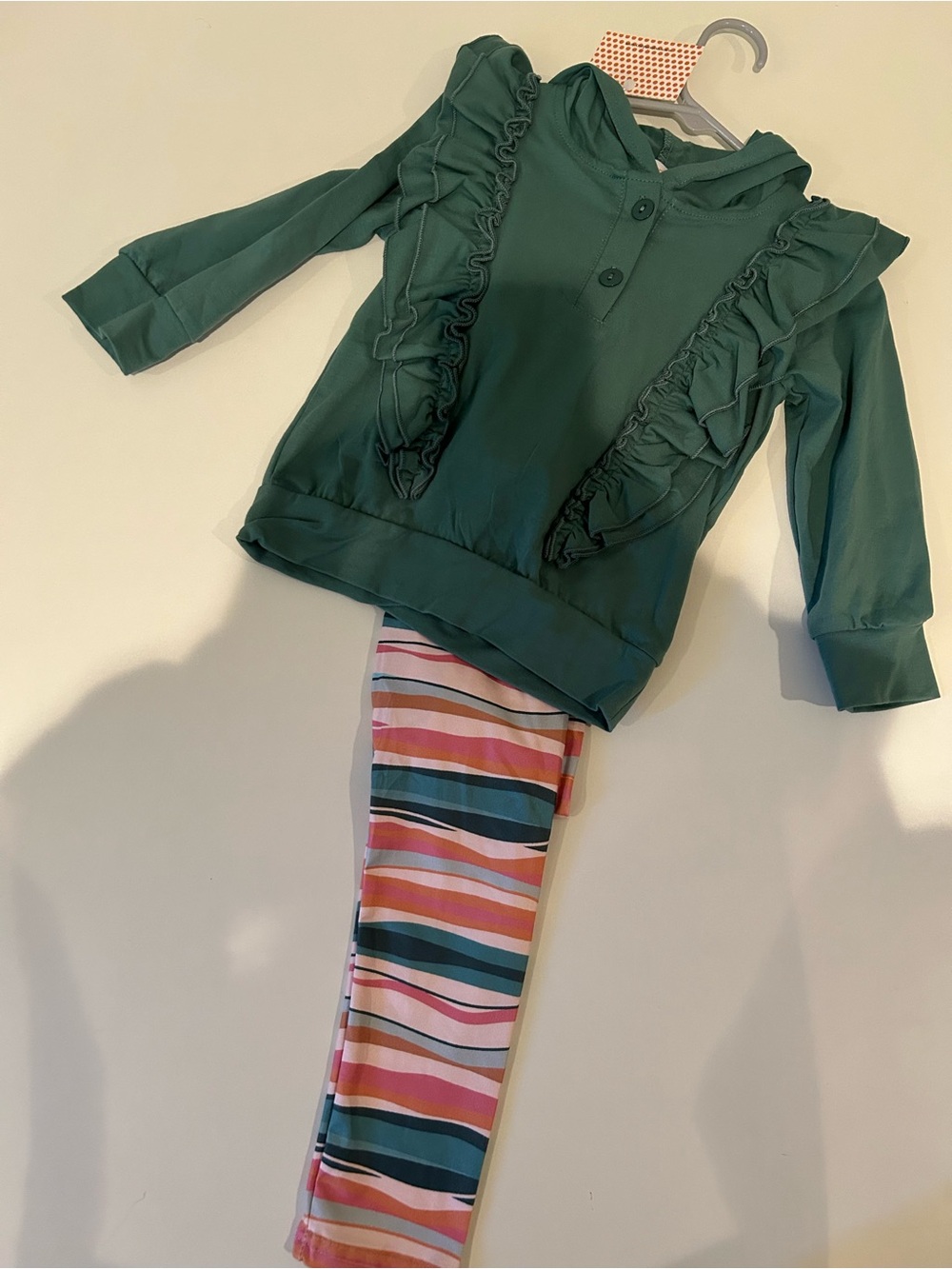 Girls Green Ruffle Hoodie Set with Striped Leggings